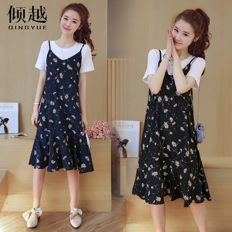 2017夏季吊帶連衣裙女套裝短袖碎花修身顯瘦雪紡中長款兩件套裙子