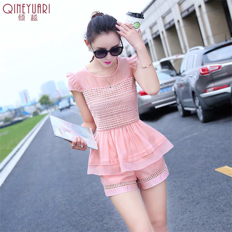 夏裝女套裝2017新款休閑兩件套蕾絲衫短袖上衣雪紡衫女短褲套裝女