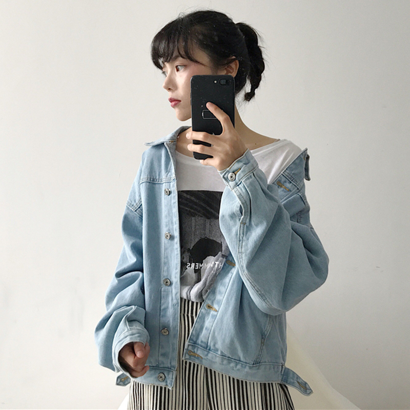 原宿風牛仔外套女2018秋裝新款學生復古寬松長袖夾克休閑百搭上衣