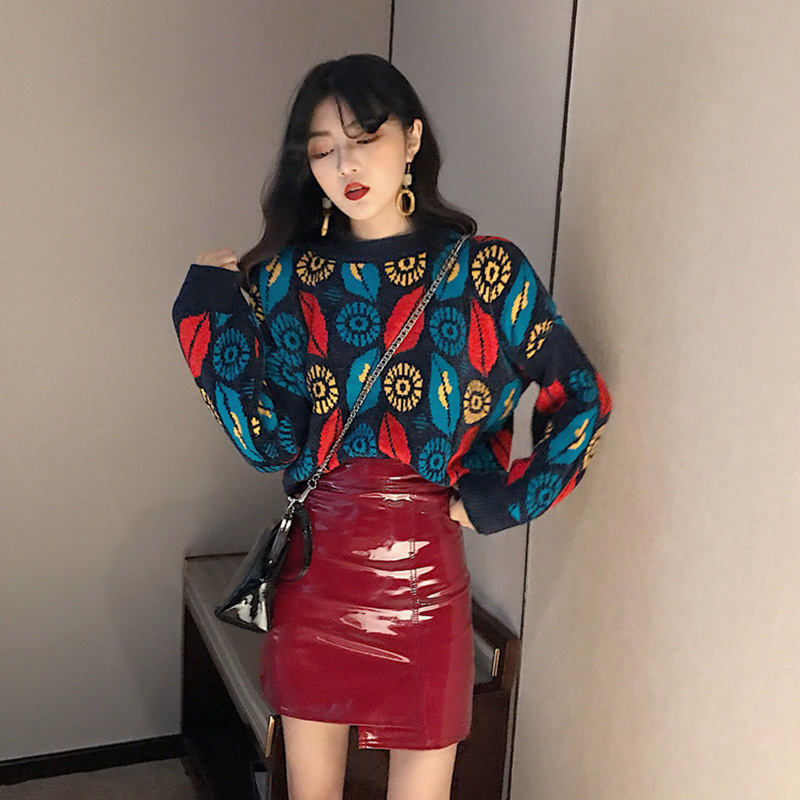 港味秋冬寬松慵懶民族風樹葉圖案新款毛衣女長袖套頭圓領chic上衣