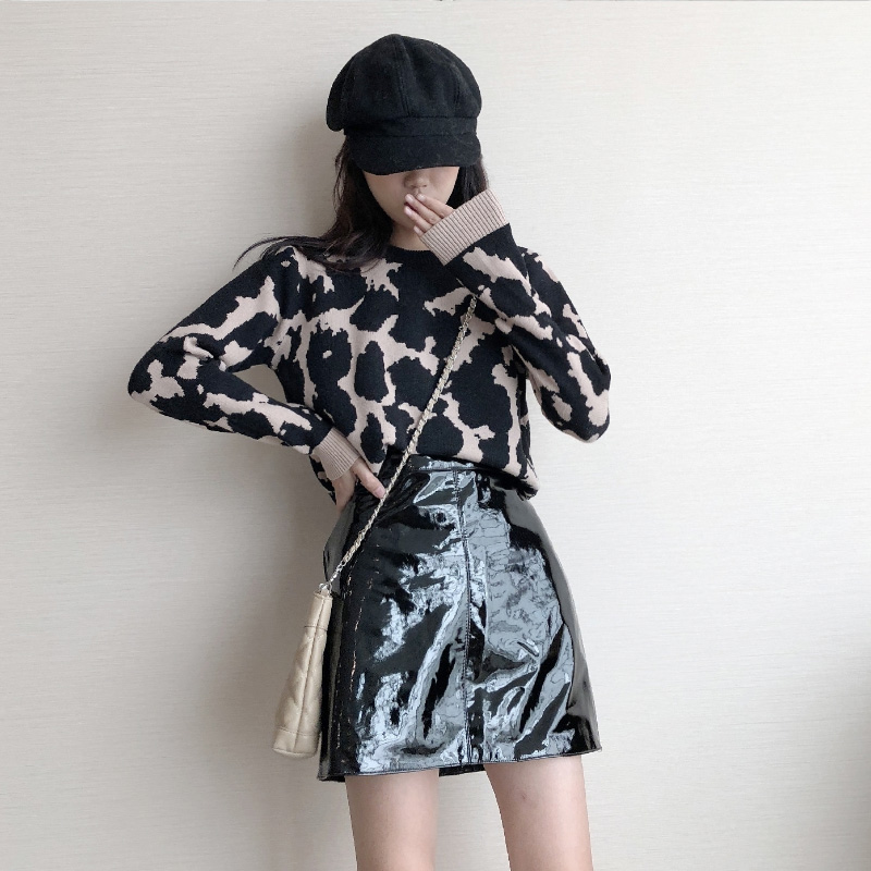 2018秋冬韓版新款豹紋套頭毛衣時尚套裝高腰漆皮半身裙chic兩件套