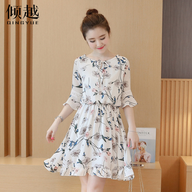 傾越2017春夏新款韓版女裝雪紡連衣裙顯瘦中長款魚尾裙子碎花長裙