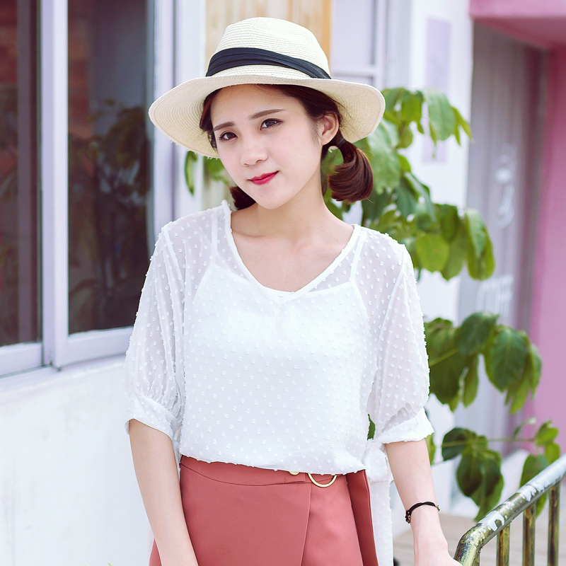 V領短袖小吊帶兩件套雪紡衫女夏裝寬松中長款紗網罩衫套裝潮