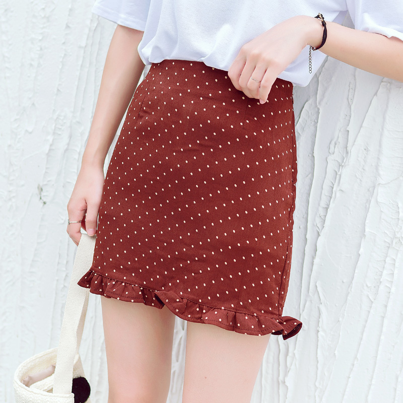 韓版新款女裝夏裝波點顯瘦高腰木耳邊包臀短裙學生包臀半身裙