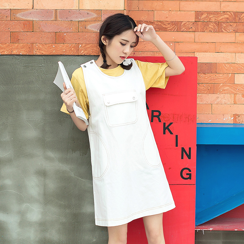 夏季新款韓版女裝學院風文藝無袖牛仔背帶連衣裙背帶直筒裙子