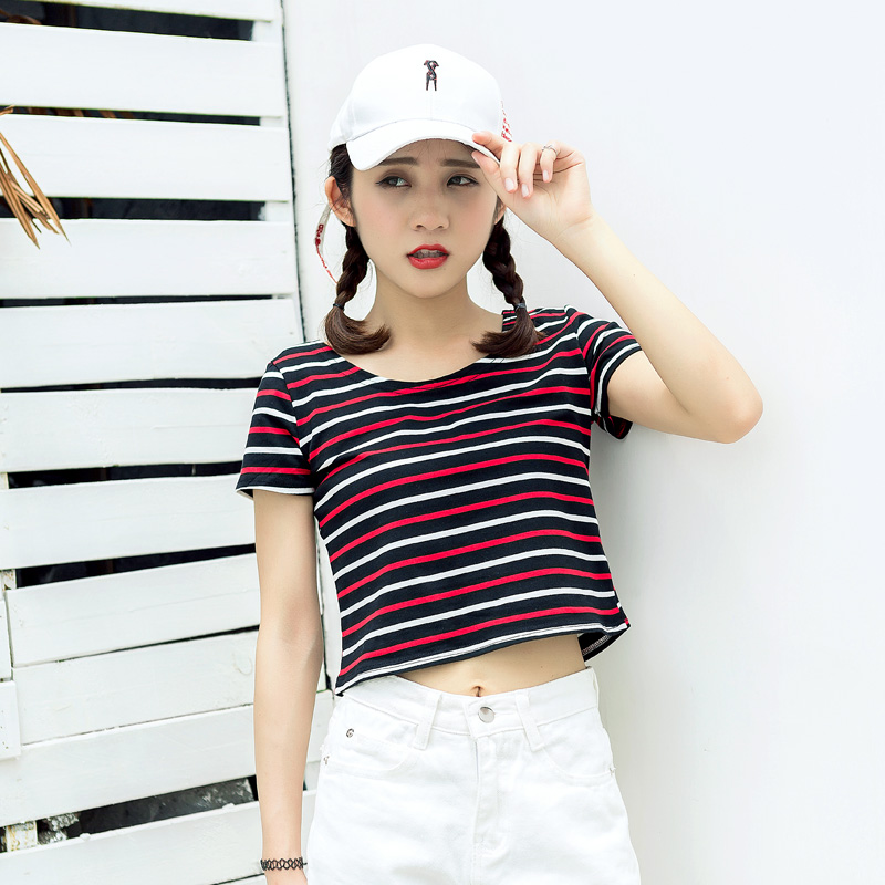 夏裝女裝新款韓版條紋短袖t恤棉質修身短款學生體恤百搭上衣