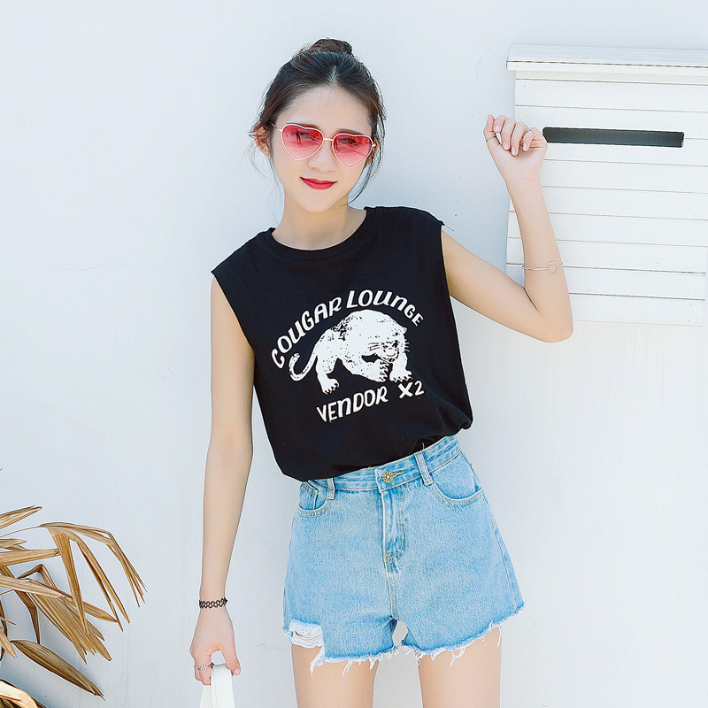 夏裝新款韓版寬松百搭印花無袖T恤女學生黑色背心上衣女裝潮