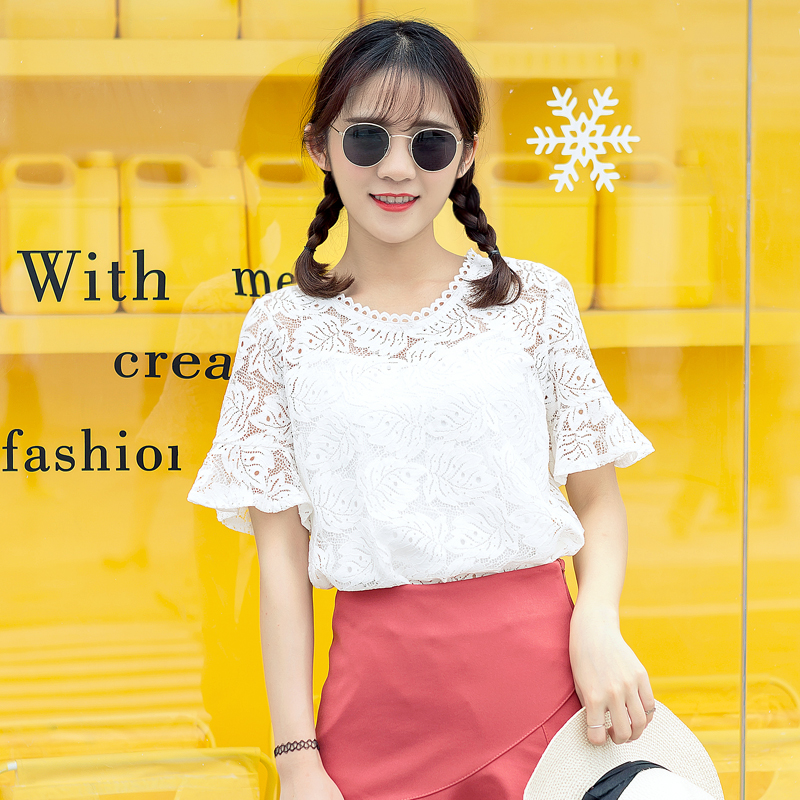 夏裝女裝新款韓版鏤空蕾絲衫白色學生小清新寬松喇叭袖上衣潮
