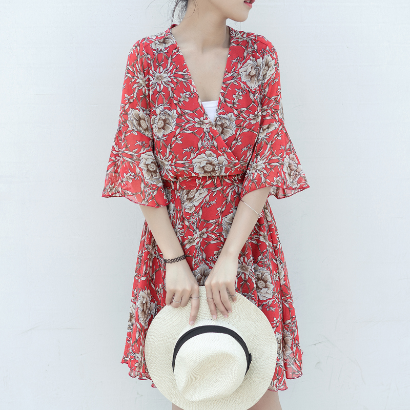 夏裝新款小碎花雪紡連衣裙女韓版V領系帶喇叭袖顯瘦高腰裙子