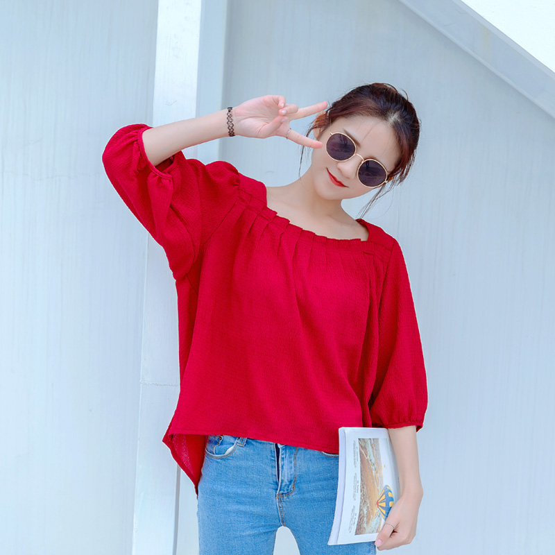夏裝新款韓版女裝燈籠袖雪紡衫紅色復古百搭半袖短款上衣女潮