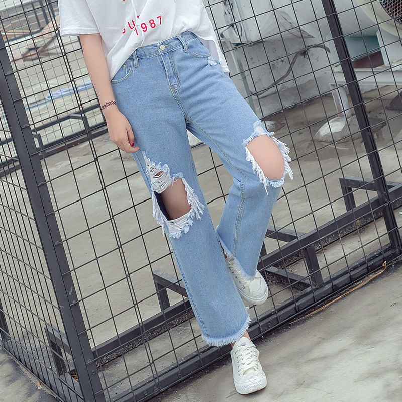 春季新款女裝時尚破洞毛邊休閑韓版運動牛仔九分褲子寬松潮