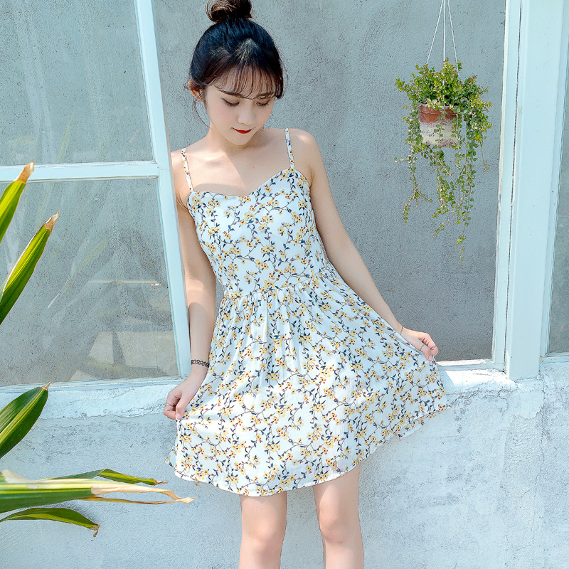 夏裝新款韓版女裝中長款修身顯瘦吊帶連衣裙碎花小清新A字裙