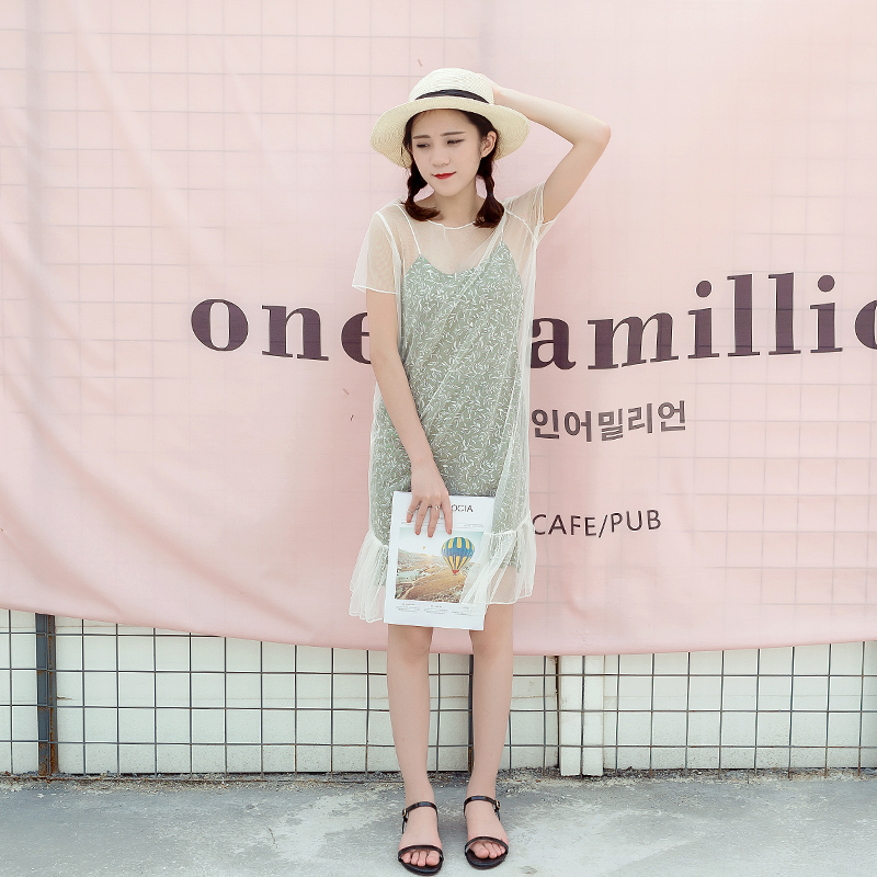 夏季新款女裝韓版短袖連衣裙中長款碎花吊帶網紗兩件套裙子潮