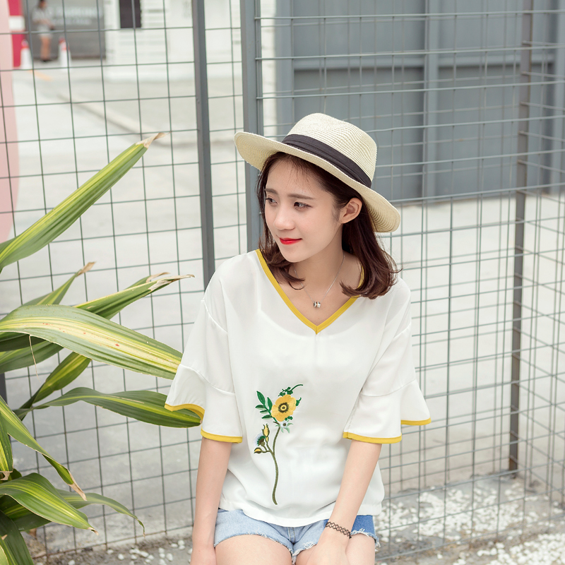 打底衫春季新款女韓版百搭短袖寬松套頭刺繡喇叭袖雪紡衫上衣
