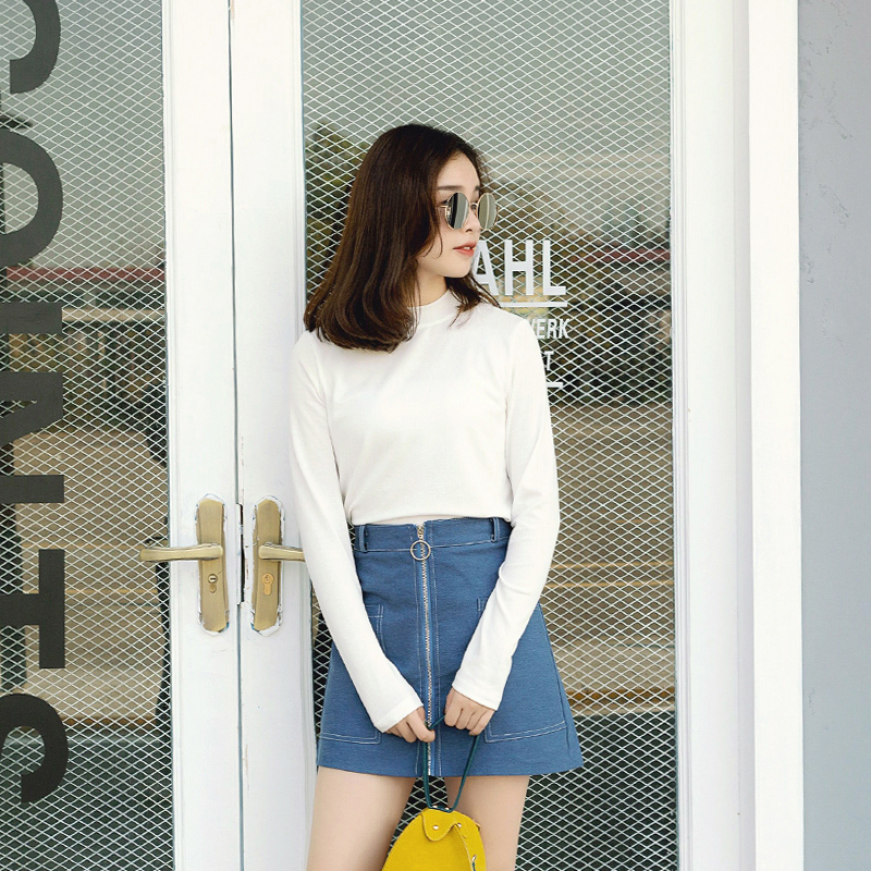 春秋季女裝新款長袖純色半高領T恤套頭短款韓版修身打底衫潮