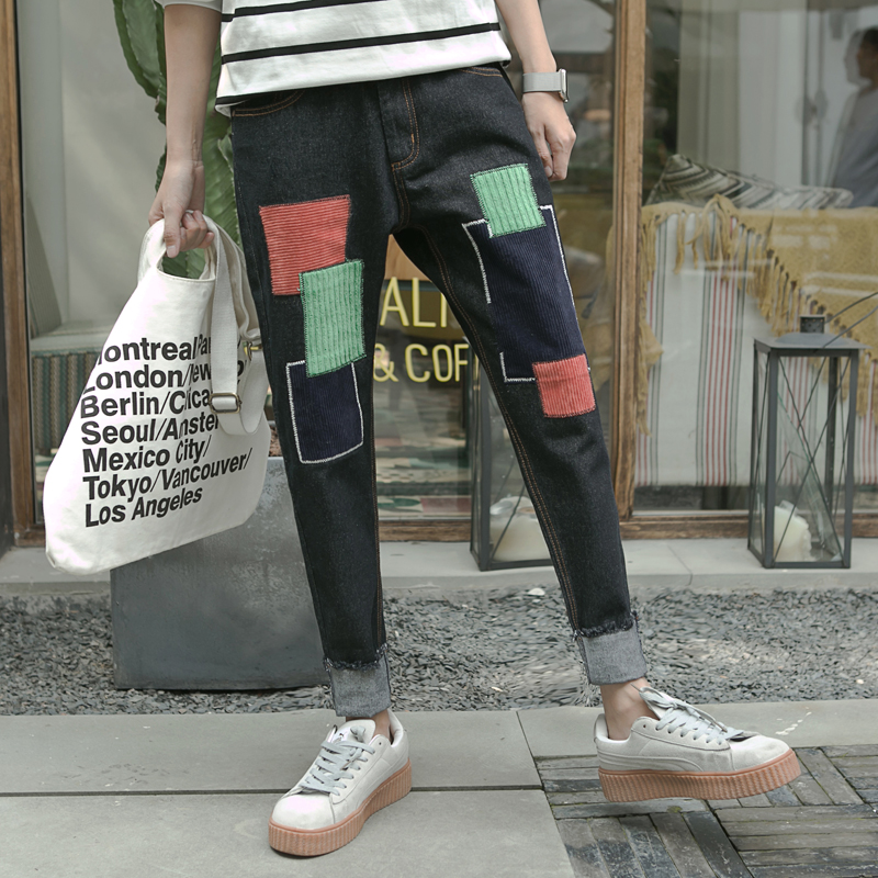 春冬新款日系復古燈芯絨撞色男士長褲哈倫褲牛仔褲