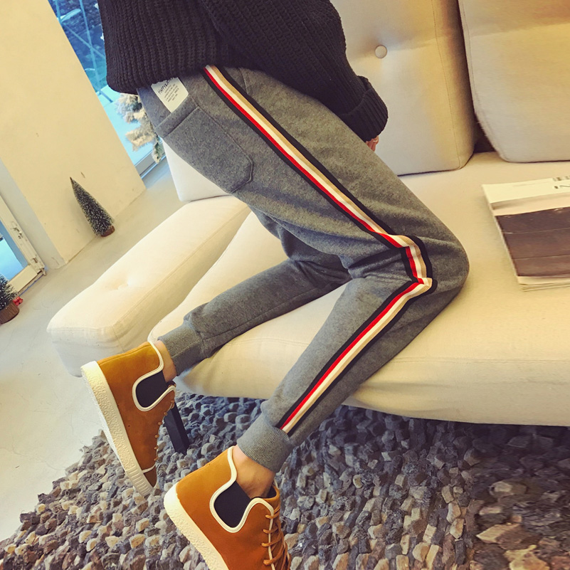 男裝撞色織帶韓版修身小直腳男士加厚休閑褲運動褲