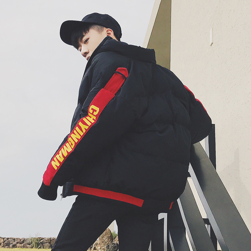 新款冬裝港系加厚袖帶印花撞色男士寬松版棉衣外套