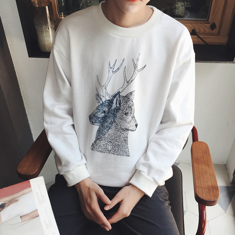 秋季新品小鹿卡通印花韓版男士圓領套頭衛衣外套