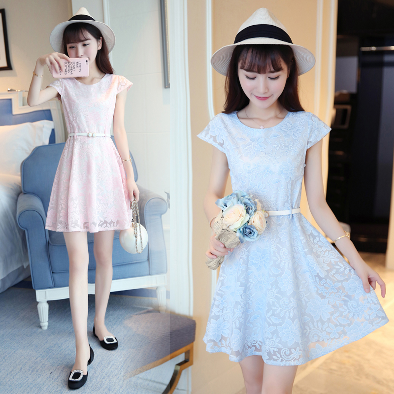 夏季新款女裝A字裙小清新修身顯瘦蕾絲短袖時尚連衣裙 中裙女
