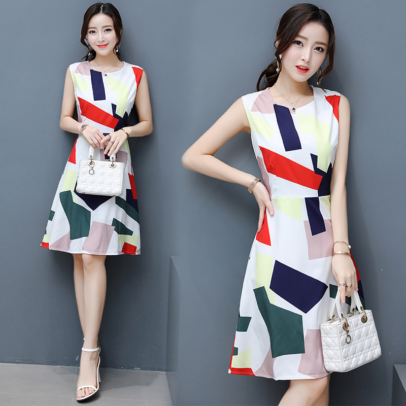 夏季新款名媛氣質a字裙無袖修身時尚印花中長款韓版連衣裙女
