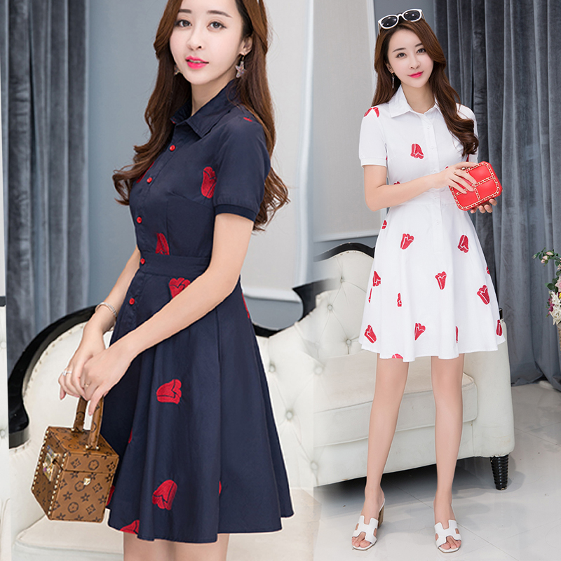 襯衫連衣裙女夏季新款女修身收腰中裙氣質a字裙