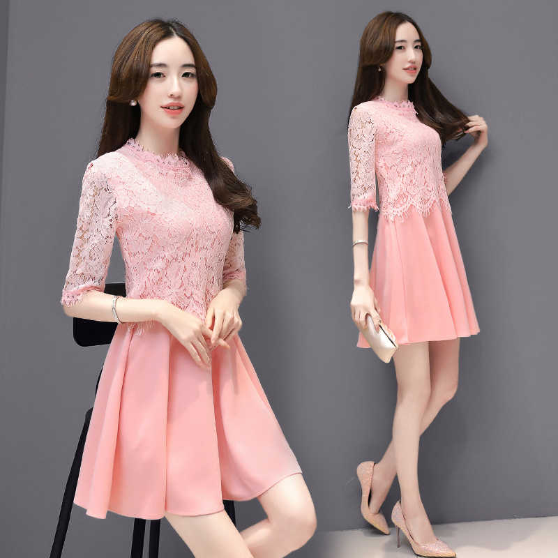 夏裝新款蕾絲連衣裙中裙長袖韓版時尚五分袖修身顯瘦假兩件女