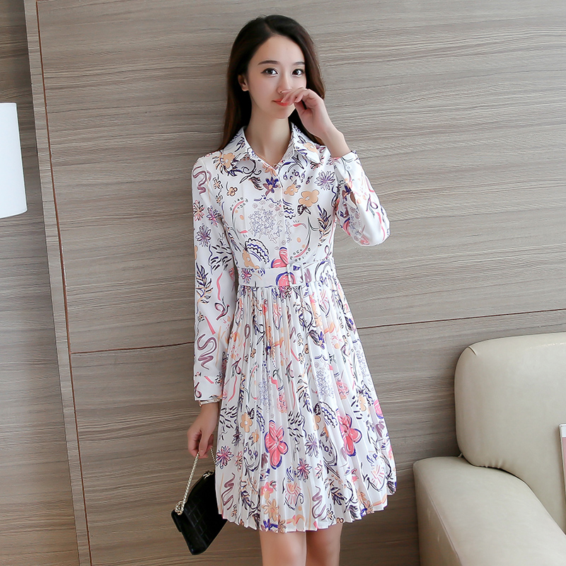 春季新款百搭素雅百褶秋裝長袖復古印花修身時尚打底連衣裙女