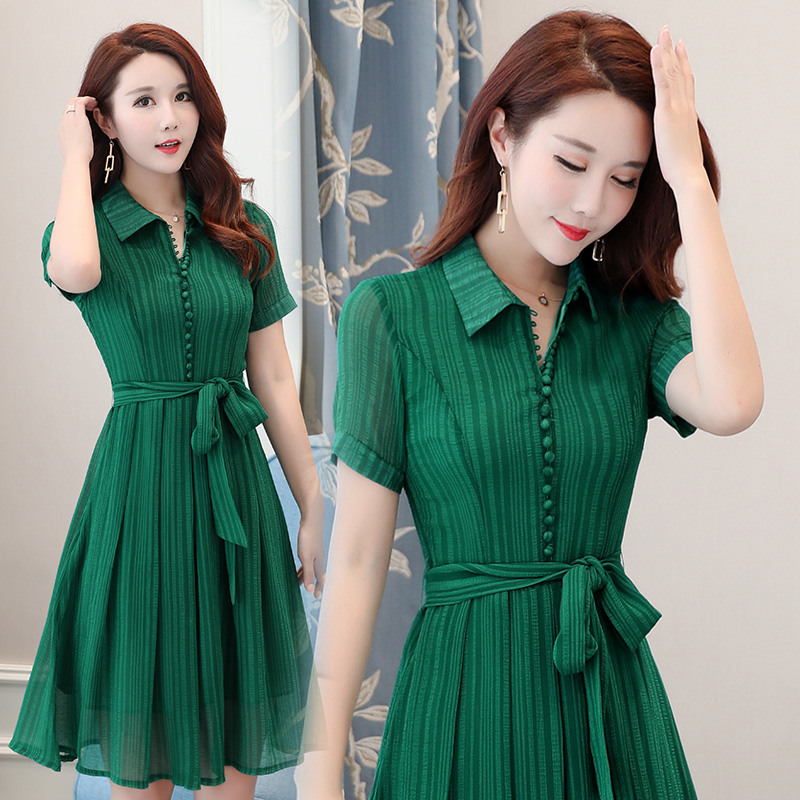 雪紡連衣裙夏季小清新新款修身顯瘦淑女裝短袖中長款襯衫裙子