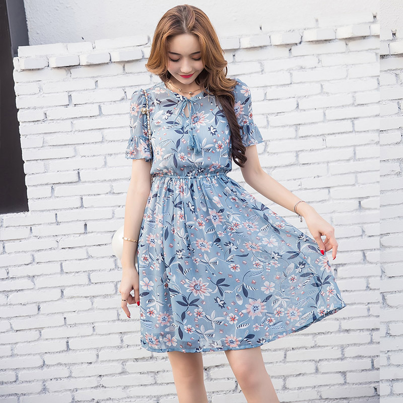 夏季新款碎花雪紡中長款連衣裙新款短袖印花荷葉袖修身a字裙