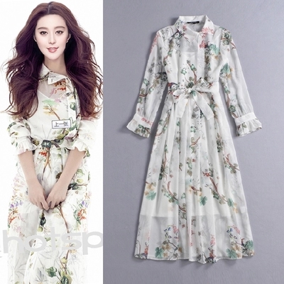 修身雪紡中長款連衣裙長袖早春裙子長裙夏裝新款女
