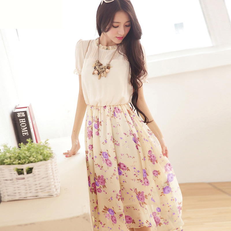 夏裝韓版連衣裙小清新寬松碎花雪紡連衣裙中長裙短袖女公主裙