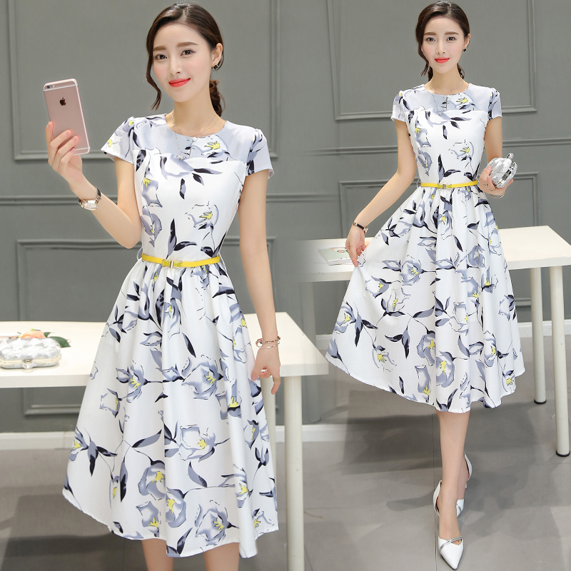 實拍新款韓版淑女修身顯瘦a字裙子時尚印花短袖中長款連衣裙女裝