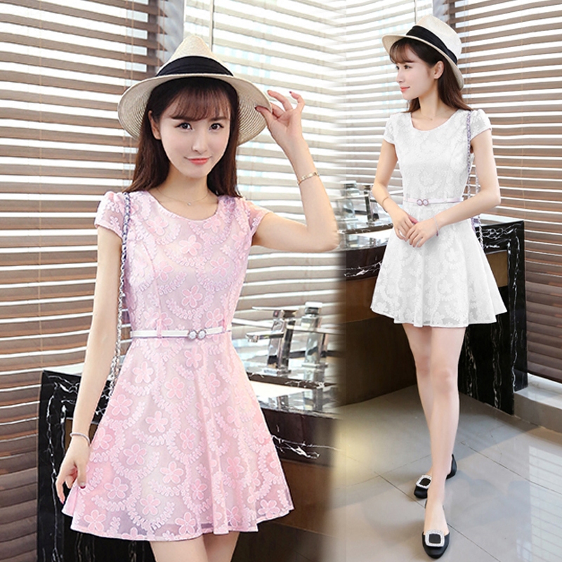 夏季新款韓版A字裙小清新修身蕾絲時尚連衣裙女中裙